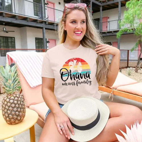 Vista 2 de MYHALF Ohana Means Family - Camisa hawaiana para mujer, camisetas divertidas de playa, camisetas de manga corta para vacaciones de verano