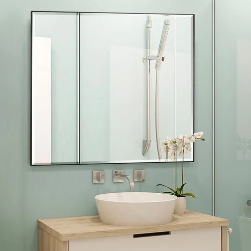 Vista 17 de LEDLUX Espejo de baño negro de 24 x 32 pulgadas, espejo sin cobre, marco de metal, espejo rectangular montado en la pared, espejo moderno