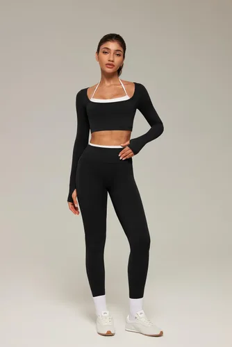 Vista 4 de SUUKSESS Conjuntos de entrenamiento en capas para mujer con bolsillos Negro