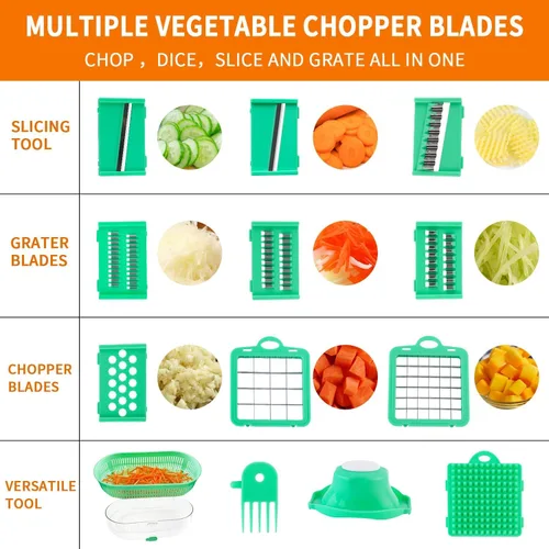 Vista 2 de Picador de verduras 12 en 1, picador profesional de 8 cuchillas, picador de cebolla, rebanador de patatas, rallador de queso, artículos esenciales