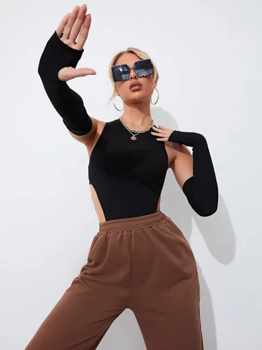 Vista 5 de WDIRARA Body sexy con cuello redondo para mujer sin mangas con agujeros para los pulgares