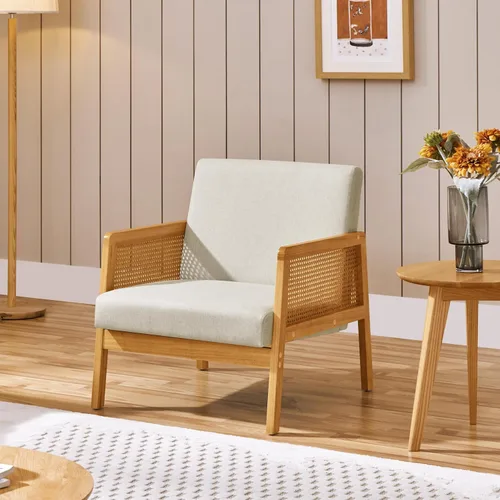 Vista 2 de Yaheetech Silla decorativa, sillón moderno de ratán, cómoda silla de lino con patas de madera para sala de estar, dormitorio, sala de lectura, Beige