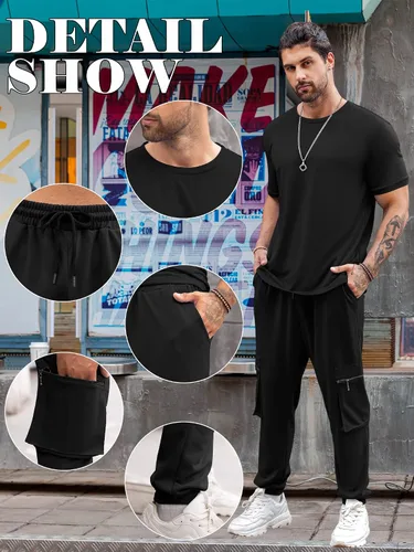 Vista 5 de Babioboa Conjunto de 2 piezas de camiseta y pantalones deportivos para hombre, con bolsillo con solapa, pantalones deportivos holgados y lisos