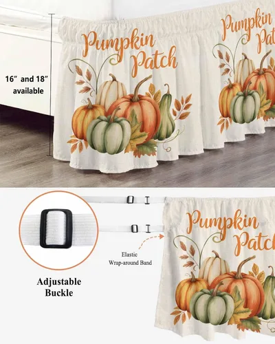 Vista 2 de Falda de cama con parches de calabazas, tamaño Queen de 16 pulgadas de caída, ajustable y elástica, plisada, con volantes de polvo de lujo para cama