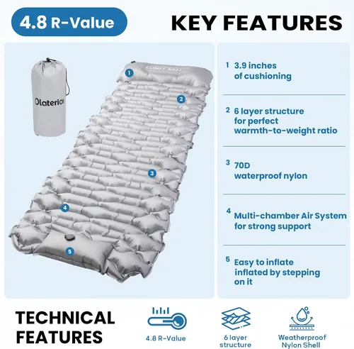Vista 5 de Colchoneta de dormir para acampar con valor R de 4.8, alfombrilla de campamento ultraligera con almohada y bomba de pie integrada, colchoneta