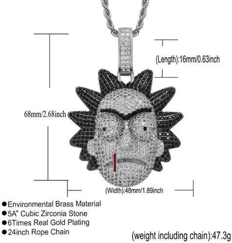 Vista 2 de Rick Colgante Rick N Morty Collar Personaje Micro incrustado Zircon Hip Hop Cadena Collar