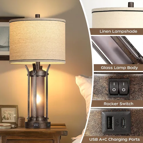Vista 4 de QiMH - Lámparas de mesa de 26 pulgadas para sala de estar, rústicas, color bronce USB A+C Charging Ports, 4 Bulbs Included, Farmhouse Nightstand
