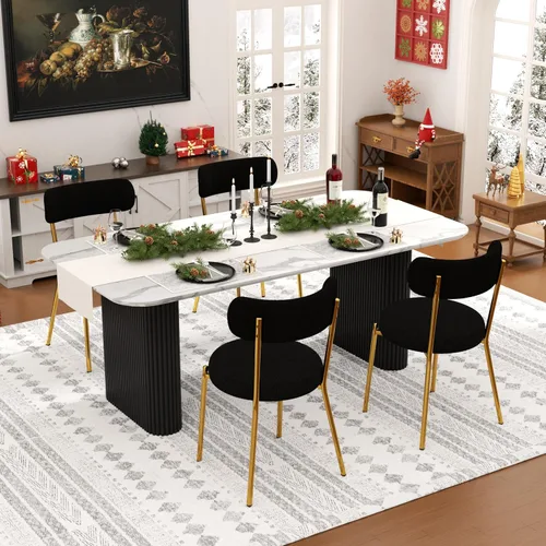 Vista 27 de Juego de mesa de comedor ovalada negra moderna de 70.9 pulgadas para 4, mesa de cocina rectangular estilo crema con sillas negras Boucle, juego