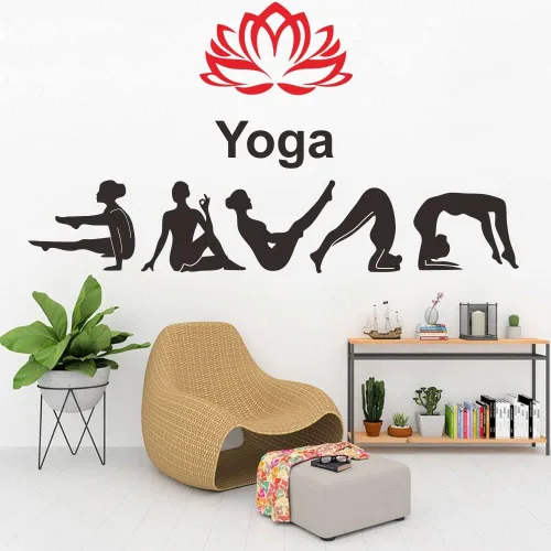 Vista 8 de Adhesivo de pared para estudio de yoga, calcomanía de PVC extraíble con patrones de loto e hinduismo, regalo único para los amantes del yoga, ideal