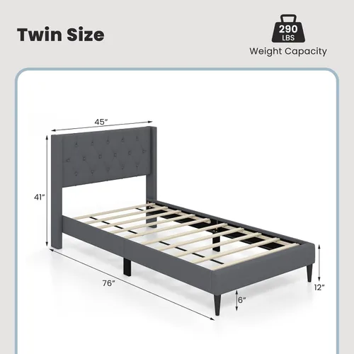Vista 2 de Giantex Base de cama de plataforma de tamaño individual con respaldo de alas, base de cama tapizada de tela con cabecera capitonada con botones