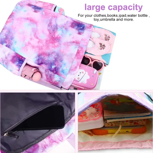 Vista 5 de RHCPFOVR Mochila con cordón para niños, bolsas de unicornio para niñas, gimnasio, baile, playa, natación, bolsa de viaje con dos soportes