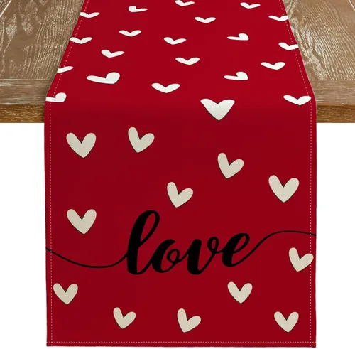 Vista 5 de ARKENY Camino de mesa para el día de San Valentín de 36 x 13 pulgadas, decoración de mesa roja con corazón de amor, arpillera para interiores