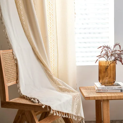 Vista 4 de Deeprove - Cortinas bohemias de 63 pulgadas de largo para dormitorio, rayas de lunares de punto hueco beige y patchwork de algodón y lino crema