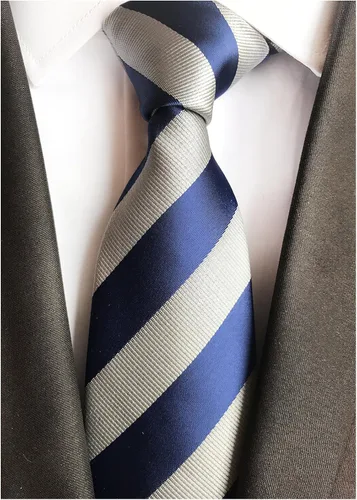 Vista 2 de Allbebe - Corbata formal de seda tejida con diseño de rayas azules y grises para hombre, Azul
