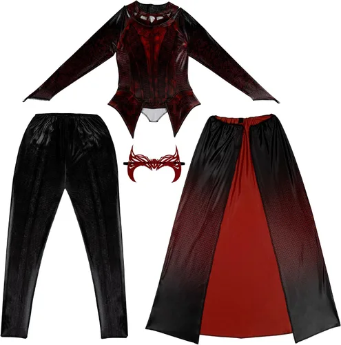Vista 4 de Marvel - Disfraz oficial de la Bruja Escarlata para adulto, parte superior impresa de alta calidad con tren adjunto, pantalones y tocado de tela (M)