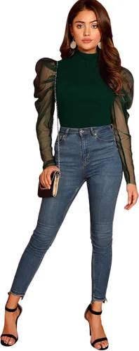 Vista 5 de Blusa Romwe para mujer, con mangas bombachas de red, cuello alto, ajustada, para fiesta