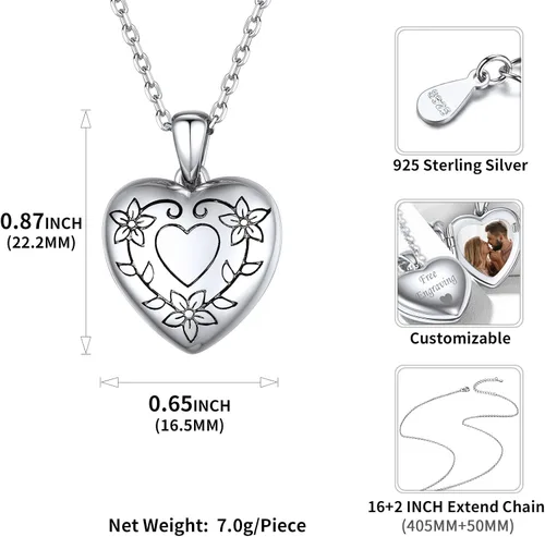 Vista 5 de ChicSilver Collar con medallón de flores grabadas de plata de ley 925 para mujeres que sostienen imágenes, medallón personalizado con imagen, cadena