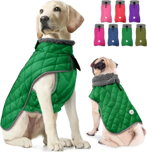Vista 15 de Fragralley Abrigo de invierno para perro, chaqueta de forro polar reflectante impermeable y resistente al viento con agujero para arnés, chaleco