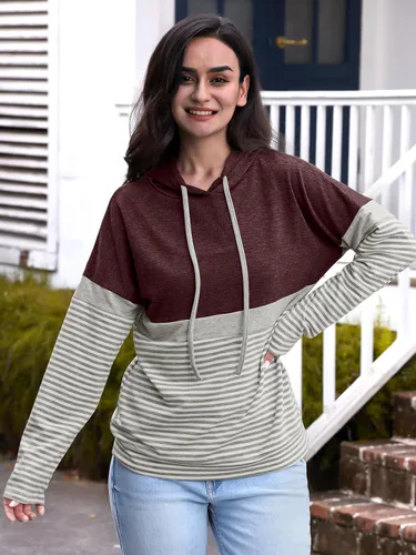 Vista 2 de Butgood Sudaderas con capucha de bloque de color para mujer, sudadera de manga larga, casual, con cordón, a rayas, túnica