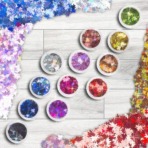 Vista 8 de Glitter Wenida 12 colores hoja de arce holográfica brillante festival lentejuelas manualidades purpurina para artes, uñas, cara y cuerpo