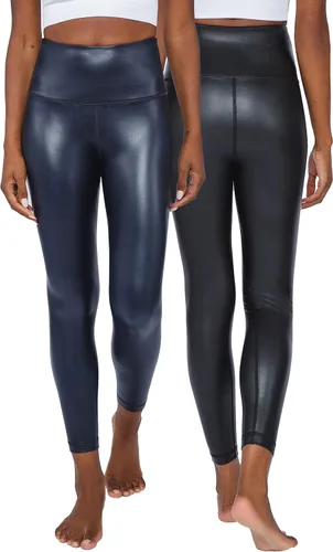 Vista 10 de 90 Degree By Reflex Leggings de cintura alta con forro polar de piel sintética de alto brillo y elástico 2 por paquete negro/negro
