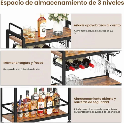 Vista 5 de Carrito de Servicio para Bar Doméstico, Carrito de Servicio con Ruedas y Mango, Carrito de Cocina Rodante de 3 Niveles, Carrito para Microondas