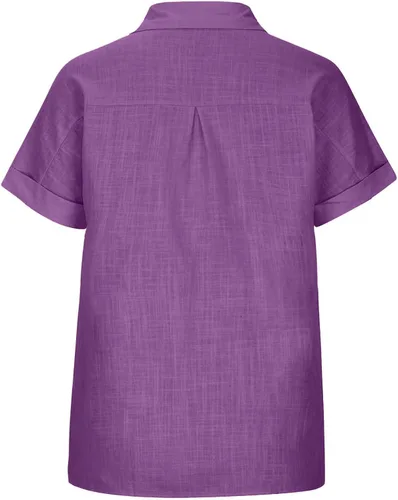 Vista 5 de Camiseta corta casual de algodón de lino y manga corta con solapa y botones para mujer