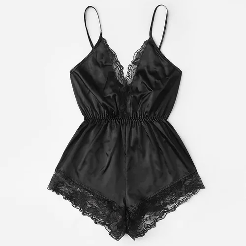 Vista 4 de Lencería sexy de satén para mujer, para sexo, traviesa de una pieza, con tirantes delgados, babydoll con cintura elástica, overol corto