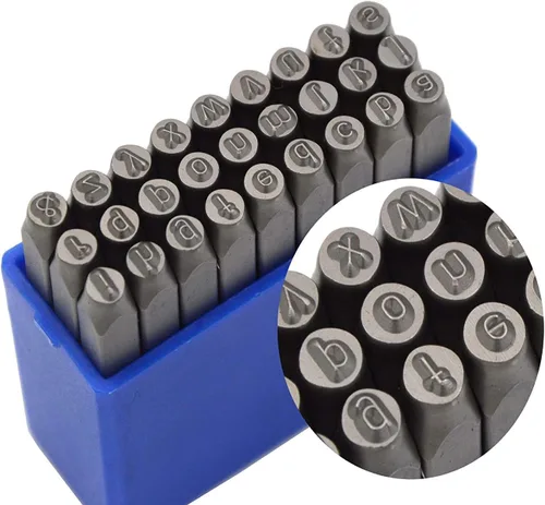 Vista 26 de Juego de 27 sellos de acero resistente con letras mayúsculas de 3/64" 1mm, kit de punzones de alfabeto para estampado a mano de caracteres, código