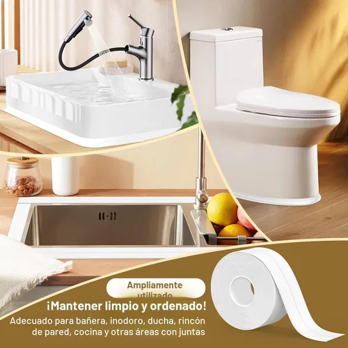 Vista 6 de Cinta de calafateo impermeable autoadhesiva, 2 rollos de cinta de sellado para inodoro, cinta de sellado para tina para cocina, baño, encimera