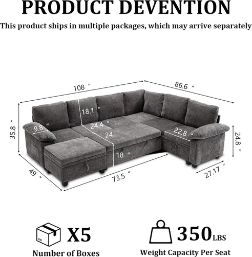 Vista 3 de 108" sofá seccional modular del durmiente, forma de L sacó el sofá cama con Gris