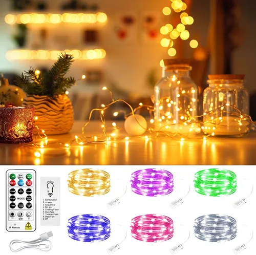 Vista 15 de Paquete de 4 50 luces LED que funcionan con pilas con temporizador de bricolaje, cadena de luces recargables de 16 pies para interiores, 8 modos