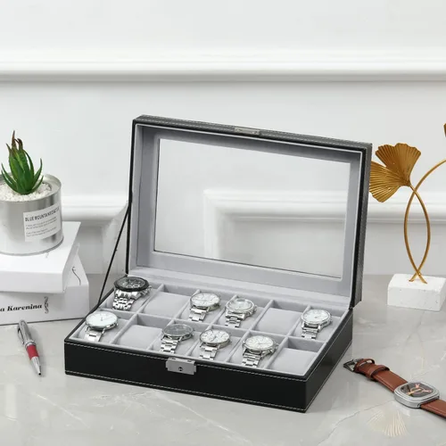 Vista 2 de Caja de reloj con 12 ranuras para reloj, organizador con parte superior de cristal, caja de almacenamiento de reloj negra para hombres y mujeres