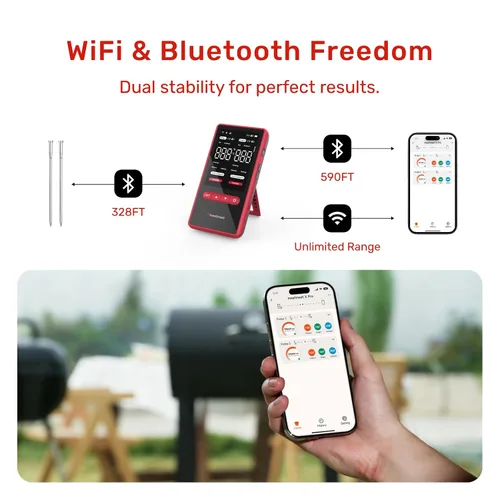 Vista 3 de Termómetro inalámbrico Meatmeet X Pro para carne con Wi-Fi dual y Bluetooth, termómetro digital para carne con 2 sondas y base de pantalla LED, 6