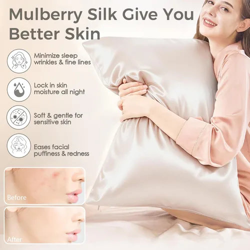 Vista 3 de Funda de almohada de seda 100% pura, 21 mommes, fundas de almohada de seda en ambos lados, tamaño King, Queen, estándar; funda de almohada de seda