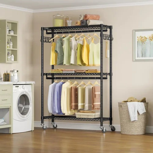 Vista 2 de VIPEK R2 Plus - Perchero resistente con 3 niveles de alambre ajustable con varillas dobles y ganchos laterales, estante de almacenamiento Negro