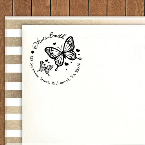 Vista 2 de Printtoo Sello de goma con diseño de mariposa y corazón redondo con autoentintado, color negro