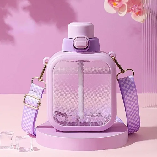 Vista 7 de NUFR Botella de agua cuadrada transparente de 24 onzas, bonita cantimplora de viaje portátil con correa ajustable, 23.7 fl oz (verde)