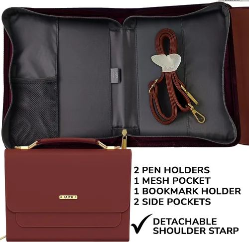 Vista 9 de DEHITE Funda para la Biblia para mujer, bolsa de transporte para la Biblia, ranuras para bolígrafos, bolsillo con cremallera, correa para el hombro