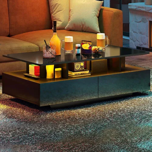 Vista 5 de YITAHOME - Mesa de café LED con almacenamiento, mesas de café LED de alto brillo para sala de estar, mesa de café negra moderna rectangular, mesa