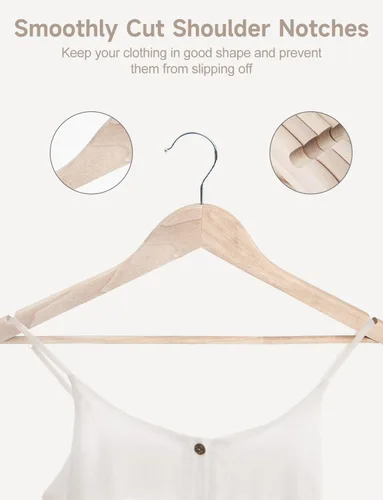 Vista 6 de StorageWorks - Perchas de madera, paquete de 30 perchas de madera de loto con barra para pantalones Perchas de madera de loto maciza, superficie