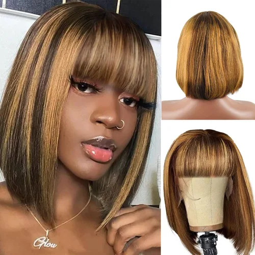 Vista 13 de Rebasar Peluca corta Bob con flequillo pelucas de cabello humano de 8 Negro