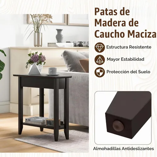 Vista 5 de GIANTEX Mesa auxiliar de cuña, mesa auxiliar triangular con estante de almacenamiento y patas de madera maciza, mesa reclinable, mesita de noche