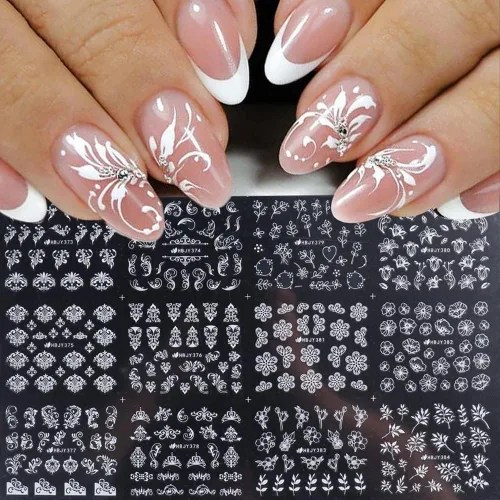 Vista 10 de Calcomanías de Arte de Uñas de Flores, Calcomanías de Uñas de Flores Blancas Suministros de Arte de Uñas 3D Encaje Retro Hoja de Flor Enredadera