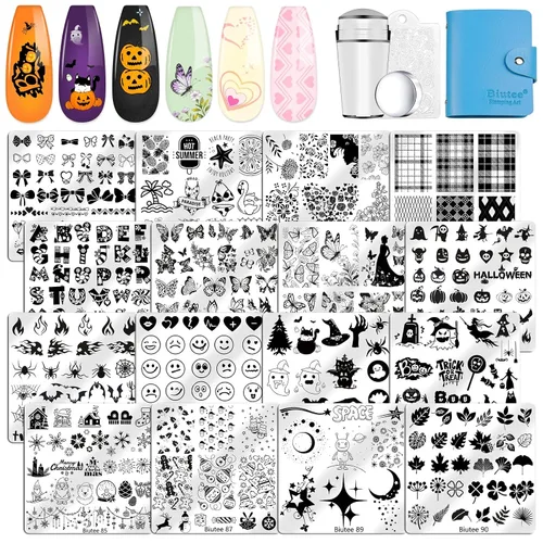 Vista 12 de Biutee - Juego de 10 placas de estampado de uñas, diseño de Halloween, kit de estampado de uñas 14 piezas