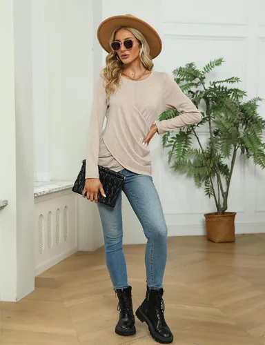 Vista 5 de Blusa con cuello en V, manga larga y nudo trenzado para mujer, diseño cómodo, holgado e informal