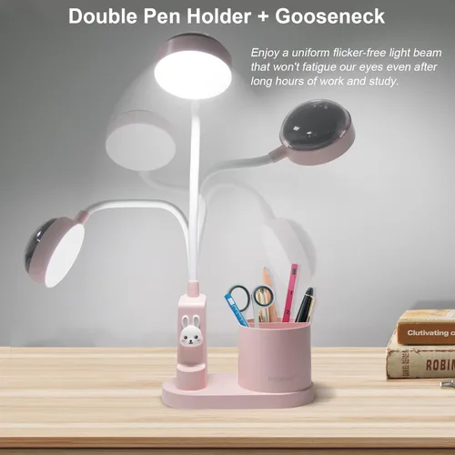 Vista 4 de Lámpara de escritorio rosa para oficina en casa, pequeña luz de mesa táctil para niños Eye-Care Dimmable Bedside Reading Light, Flexible