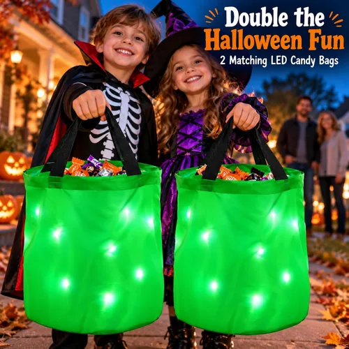 Vista 5 de 2 bolsas de dulces de Halloween con luz LED, bolsas de fiesta de Halloween, multiusos, reutilizables, bolsas para Halloween para dulce o dulce Verde