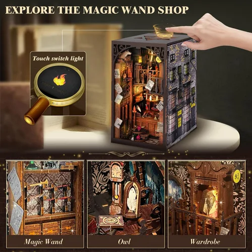 Vista 3 de Kit de Rincón de Libros para Hacer Uno Mismo, Rompecabezas de Madera 3D en Miniatura Sujetalibros Decoración de Estantería con Luz LED, Cubierta