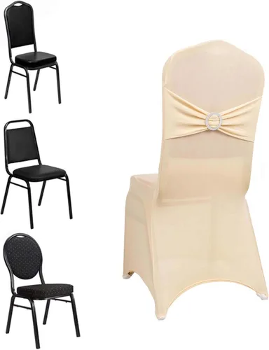 Vista 3 de Efavormart - Funda para silla de banquete de elastano beige con banda de hebilla de diamantes de imitación plateados, funda elástica para silla